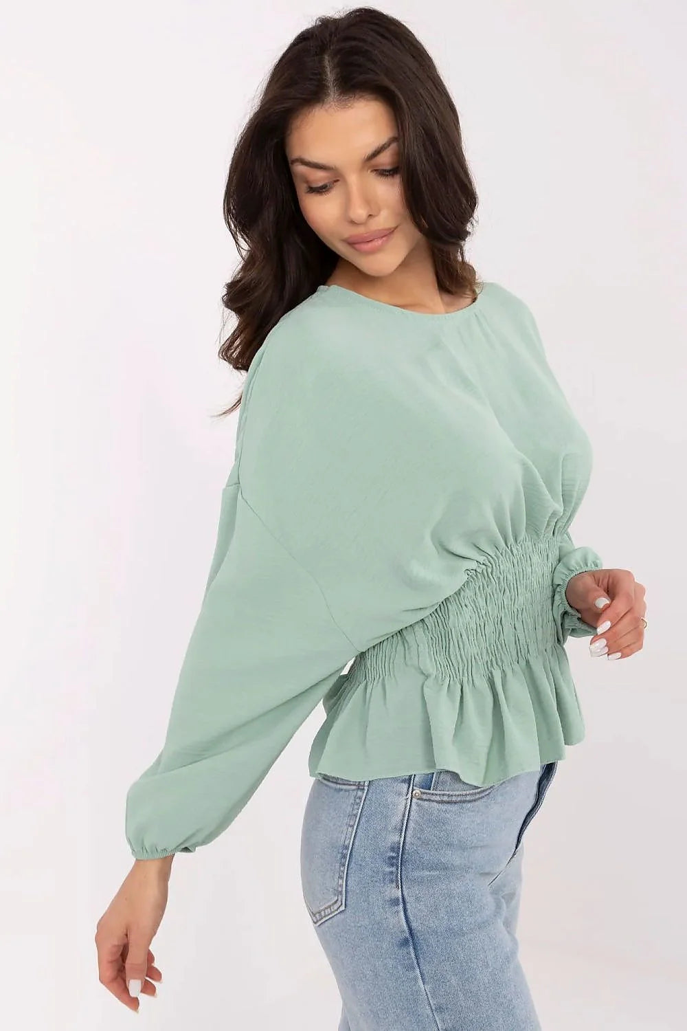 Chemisier Sublevel sage vert court élégant polyester manches longues bouffantes ceinture smockée taille ajustable femme
