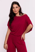 Ensemble deux pièces pour femme en maille viscose couleur bordeaux manches courtes style chauve-souris encolure boat neck