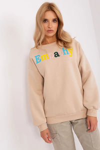 Sweatshirt femme moderne casual oversize beige molleton doux manches longues épaules tombantes col rond poignets côtelés broderie chenille multicolore Empathy
