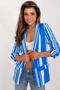 blazer femme rayures verticales bleu royal blanc polyester léger fluide manches trois quarts sans fermeture coupe ajustée épaules structurées
