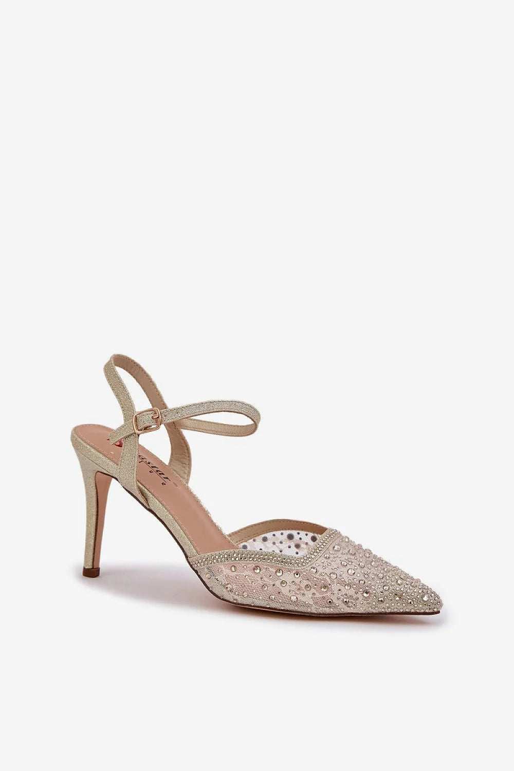 talons hauts pointus champagne dorés paillettes perles strass bride cheville réglable boucle métallique résille scintillant élégants confortables semelle cuir artificiel