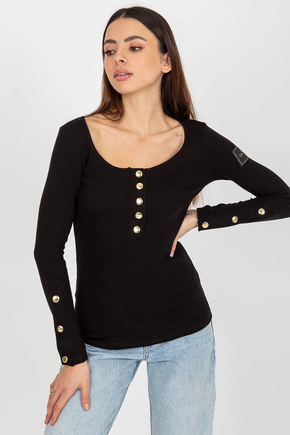 Chemisier Och Bella modern et élégant noir ajusté en coton élasthanne boutons dorés manches longues encolure ronde femme
