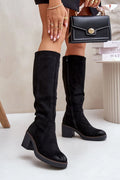 Bottes élégantes à talons noires cuir suédé femmes occasion spéciale style moderne coupe montante isolation confortable