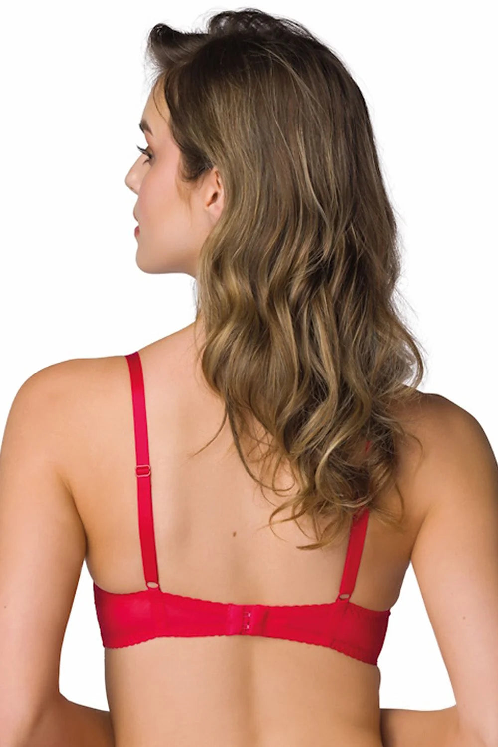Soutien-gorge féminin élégant à armatures dentelle florale rouge vif cups rembourrées bretelles ajustables nœud décoratif lingerie confortable femme