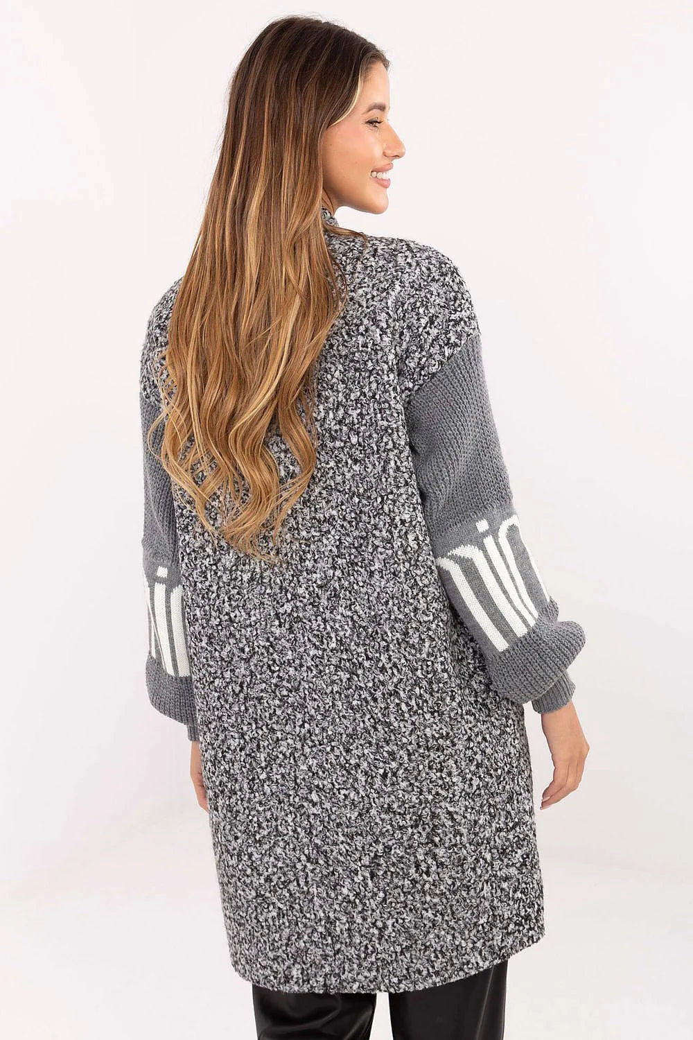 cardigan femme long genou manches bouffantes tricot boucle polyester doux léger poches intégrées sans fermeture veste décontractée unique