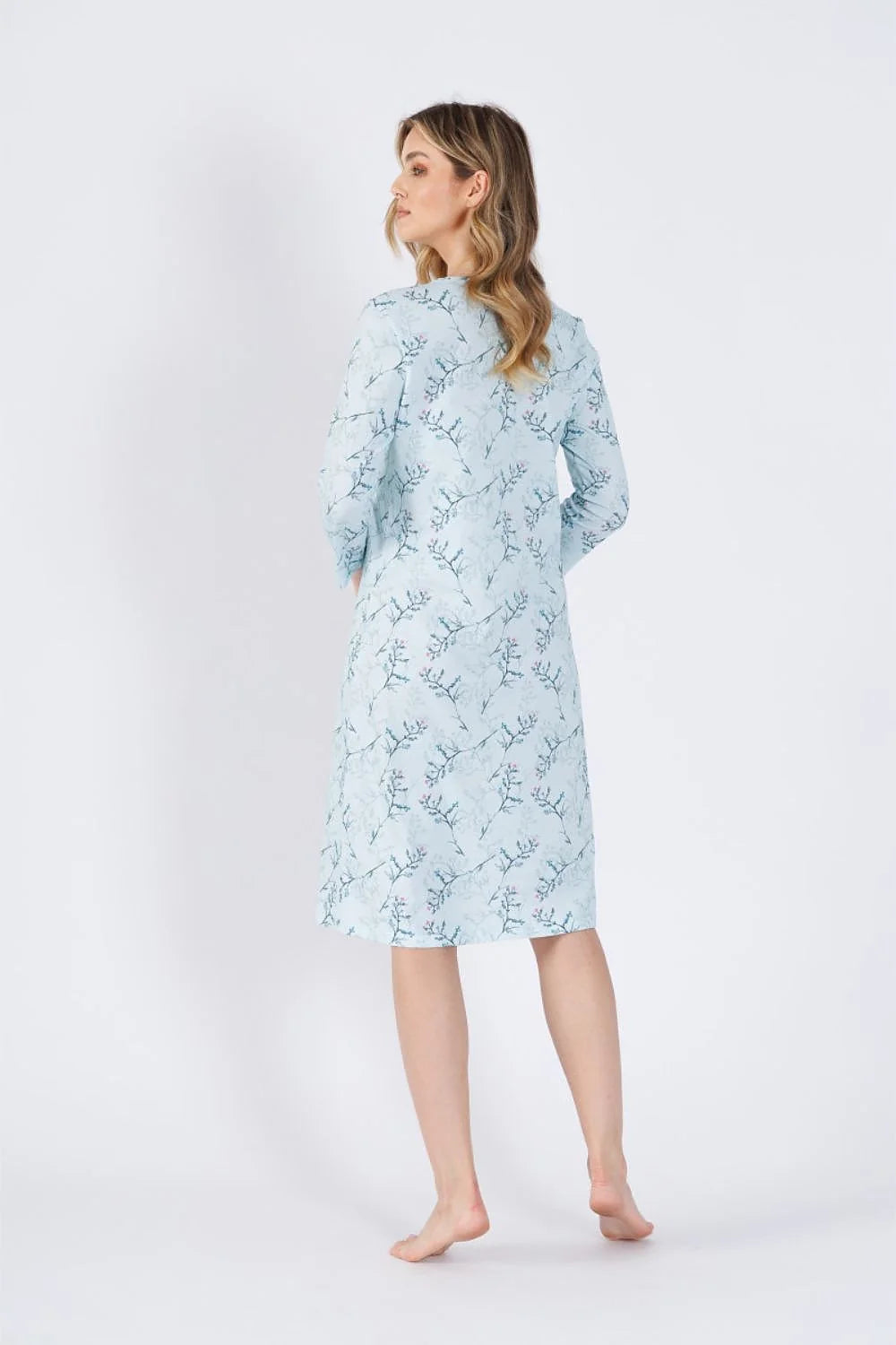 Robe élégante pour femme en viscose coton bleu ciel motif floral délicat manches longues encolure V