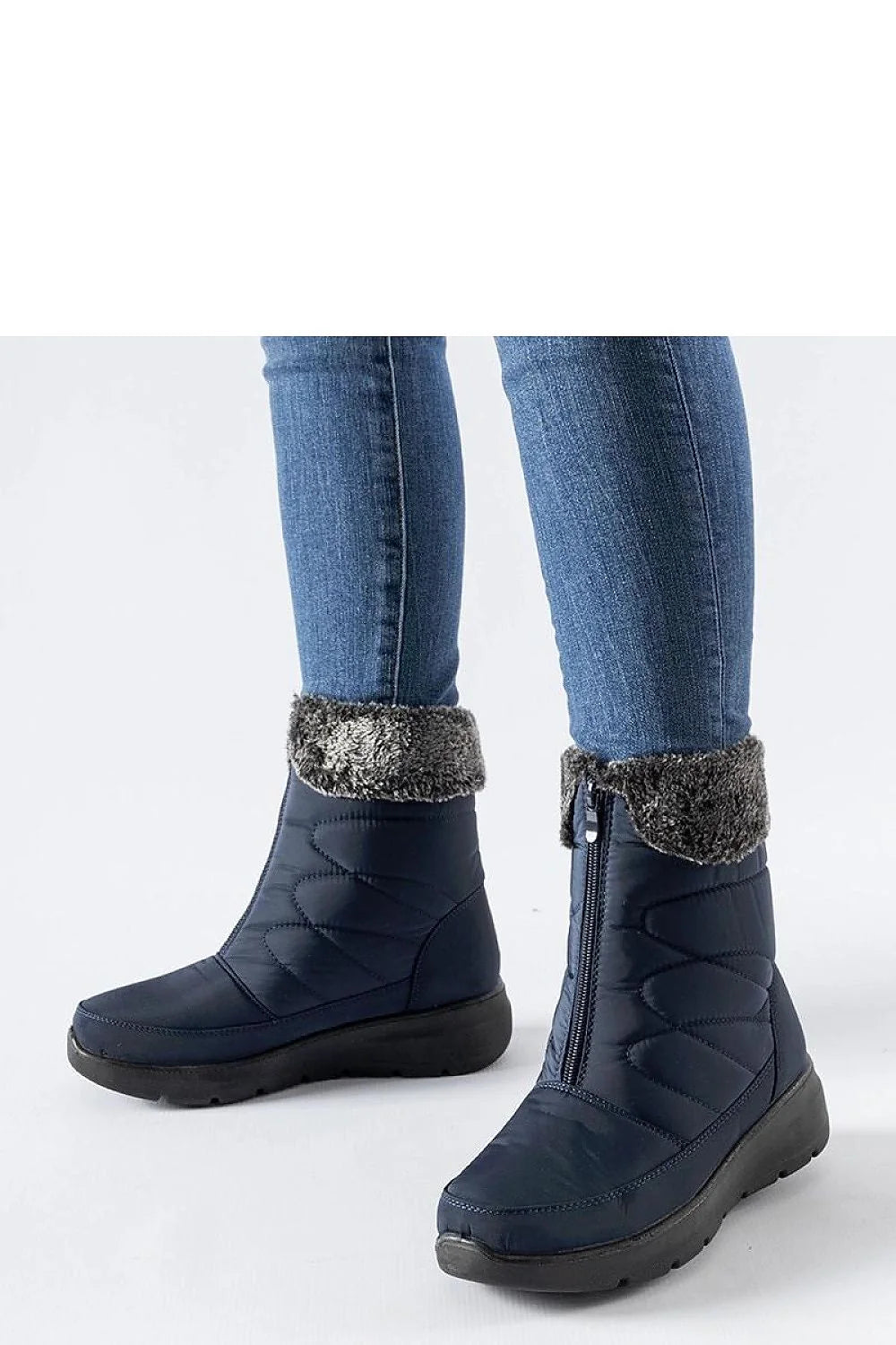 Bottes de neige pour femmes style moderne couleur bleu marine cuir synthétique talon compensé fourrure intérieure