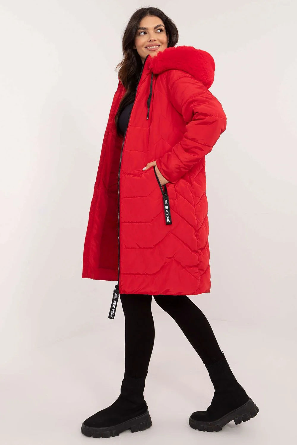 Veste matelassée pour femme rouge longue jusqu'au genou capuche amovible style urbain polyester rembourrage synthétique hiver automne