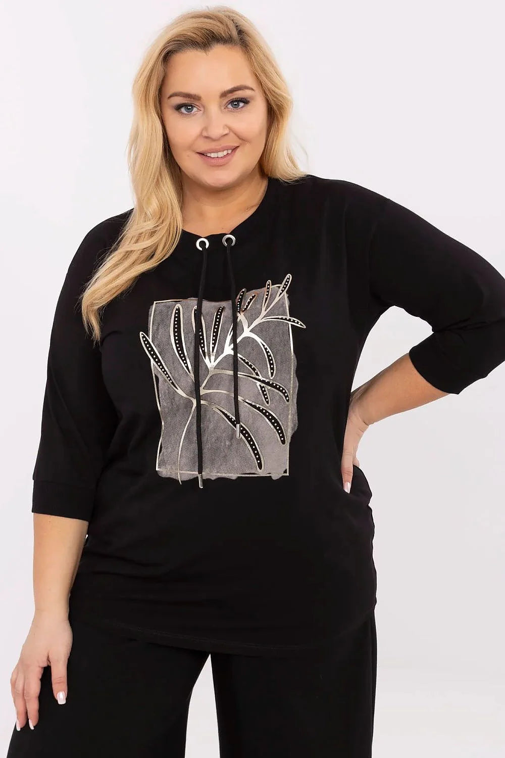 Chemisier grande taille Relevance style décontracté noir imprimé feuille manches 3/4 col rond cordon serrage femme