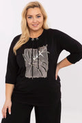 Chemisier grande taille Relevance style décontracté noir imprimé feuille manches 3/4 col rond cordon serrage femme