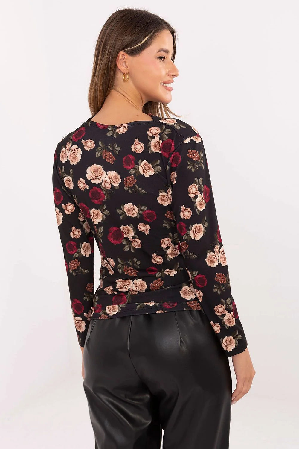 chemisier femme ajustée viscose polyester manches longues imprimé floral col drapé décolleté fluide fronces épaule boucle