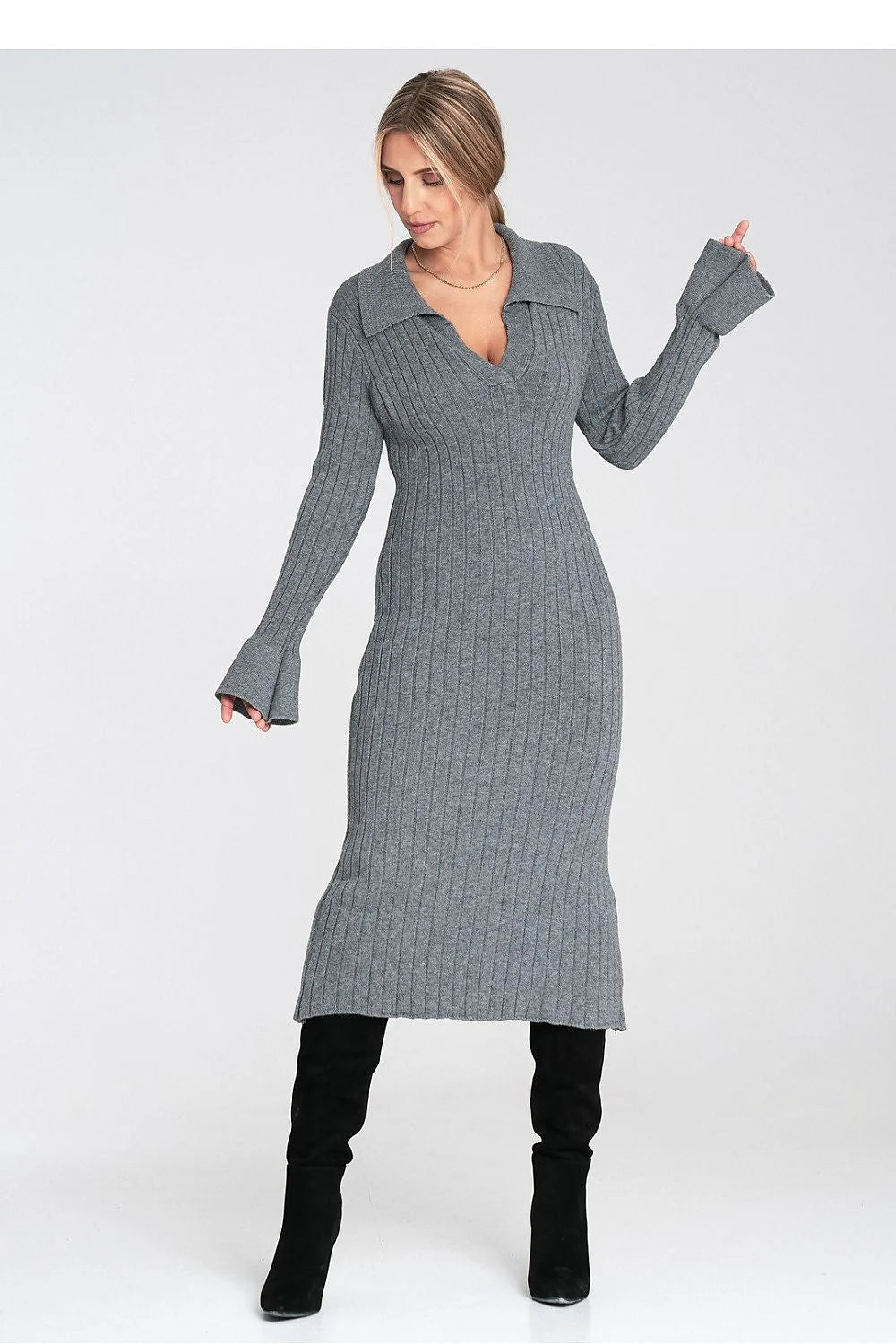 robepull midi côtelée gris chiné femme maille tricotée extensible coupe ajustée mi mollet col polo V manches longues évasées bordcôte