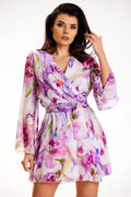 Robe awama élégante en mousseline floral violet rose veste longue poitrine ajustable occasion printanière été