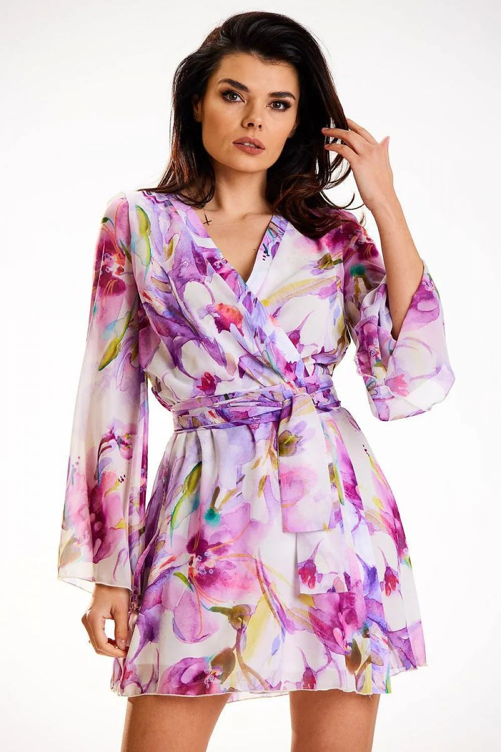 Robe awama élégante en mousseline floral violet rose veste longue poitrine ajustable occasion printanière été