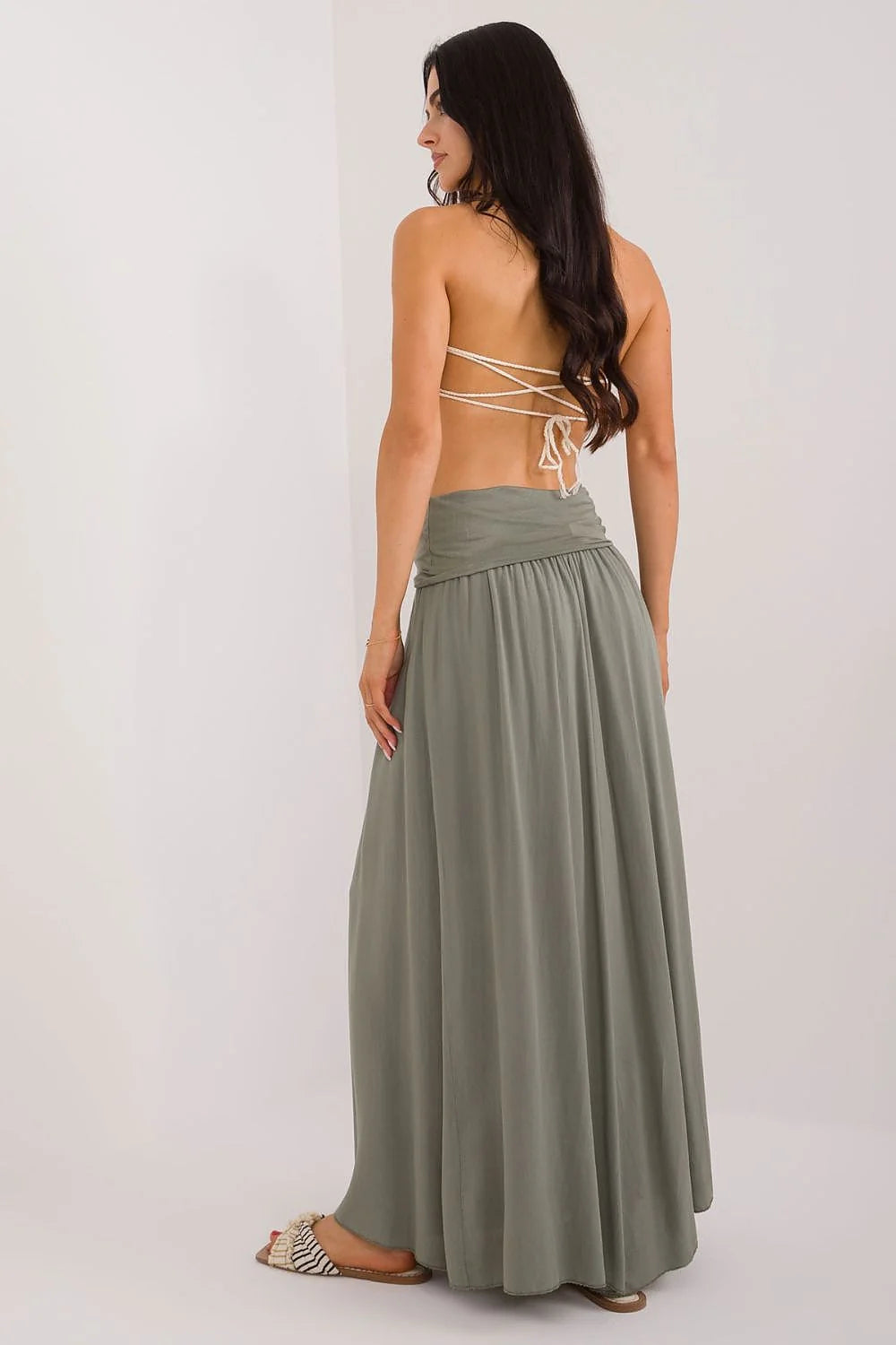 jupe longue maxi femme taille haute large ceinture repliée coupe évasée longueur cheville kaki sauge fluide viscose plissée bohème chic
