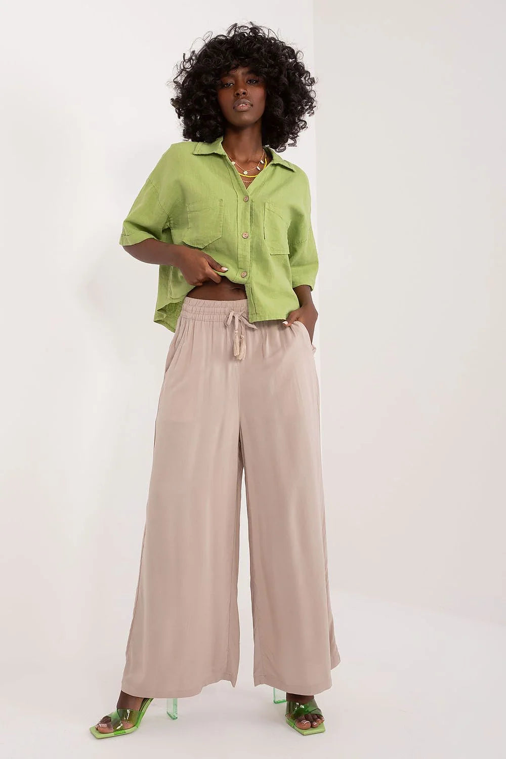 pantalon femme Sublevel taille haute palazzo ample viscose fluide léger beige clair élégant décontracté respirant ceinture élastique cordon serrage longue