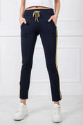 Pantalon survêtement femme style décontracté bleu marine doré coton élasthanne taille élastiquée poches latérales fuselé moderne