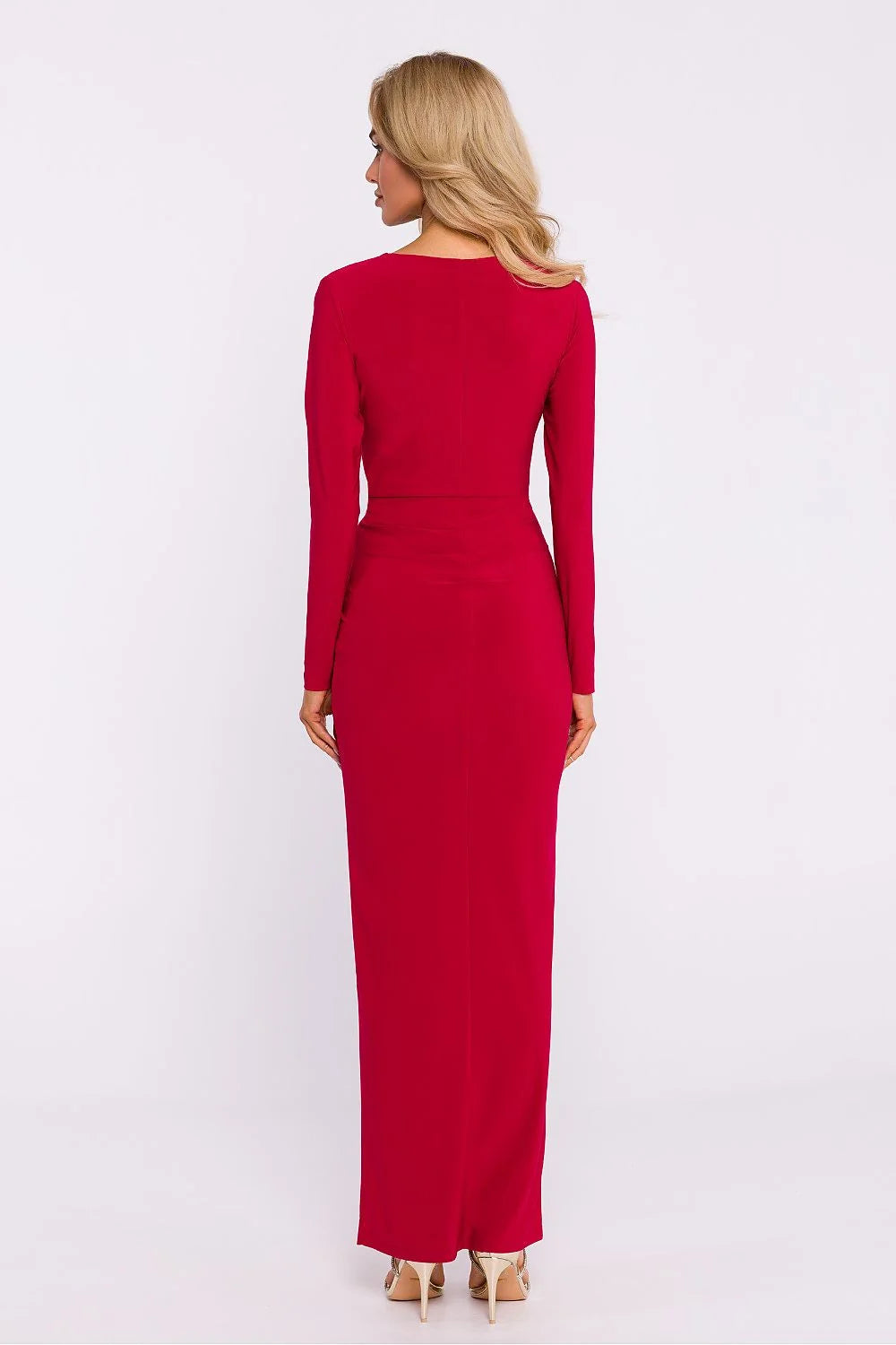 Robe longue élégante soirée maille extensible décolleté V profond manches longues noeud décoratif fente haute plis dos nu couleur rouge vif femme