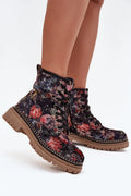 Artiker bottines montantes rangers velours tapisserie florale relief3D lacets fermeture éclair latérale col rembourré doublure chaude semelle crantée sable surpiqûre