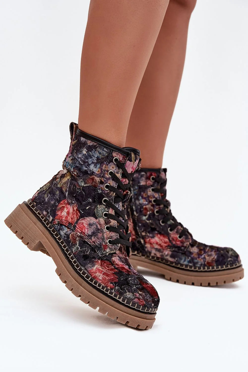 Artiker bottines montantes rangers velours tapisserie florale relief3D lacets fermeture éclair latérale col rembourré doublure chaude semelle crantée sable surpiqûre
