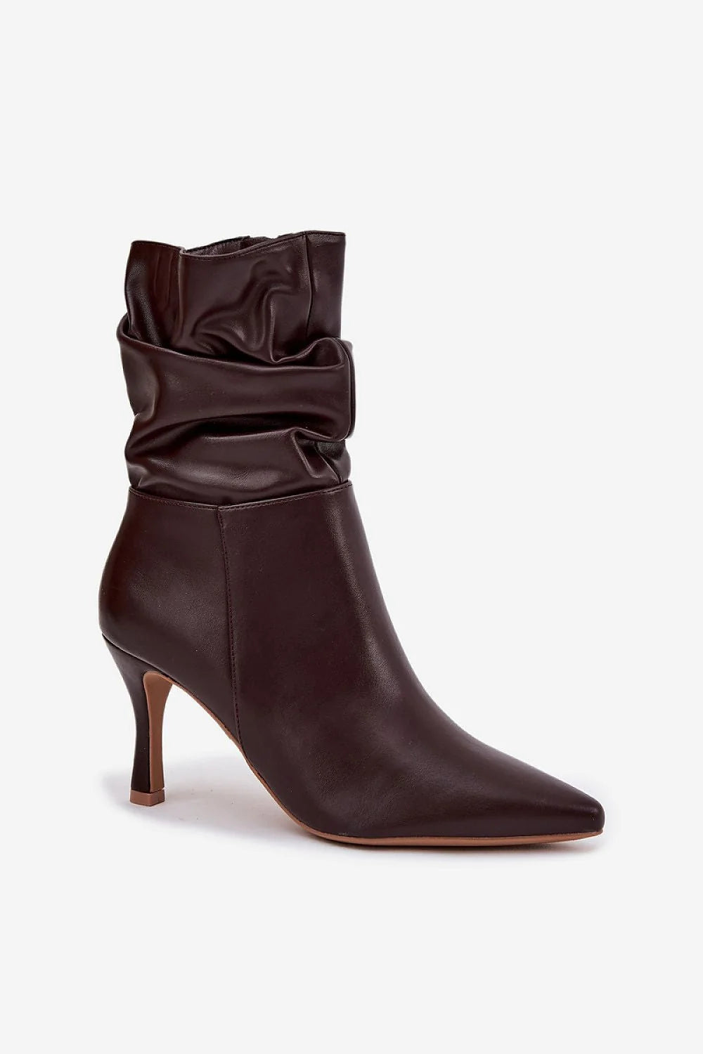 bottines femme talon 8 5 cm pointu mi cheville froncée effet cuir synthétique marron foncé semelle contrastée silhouette élégante moderne