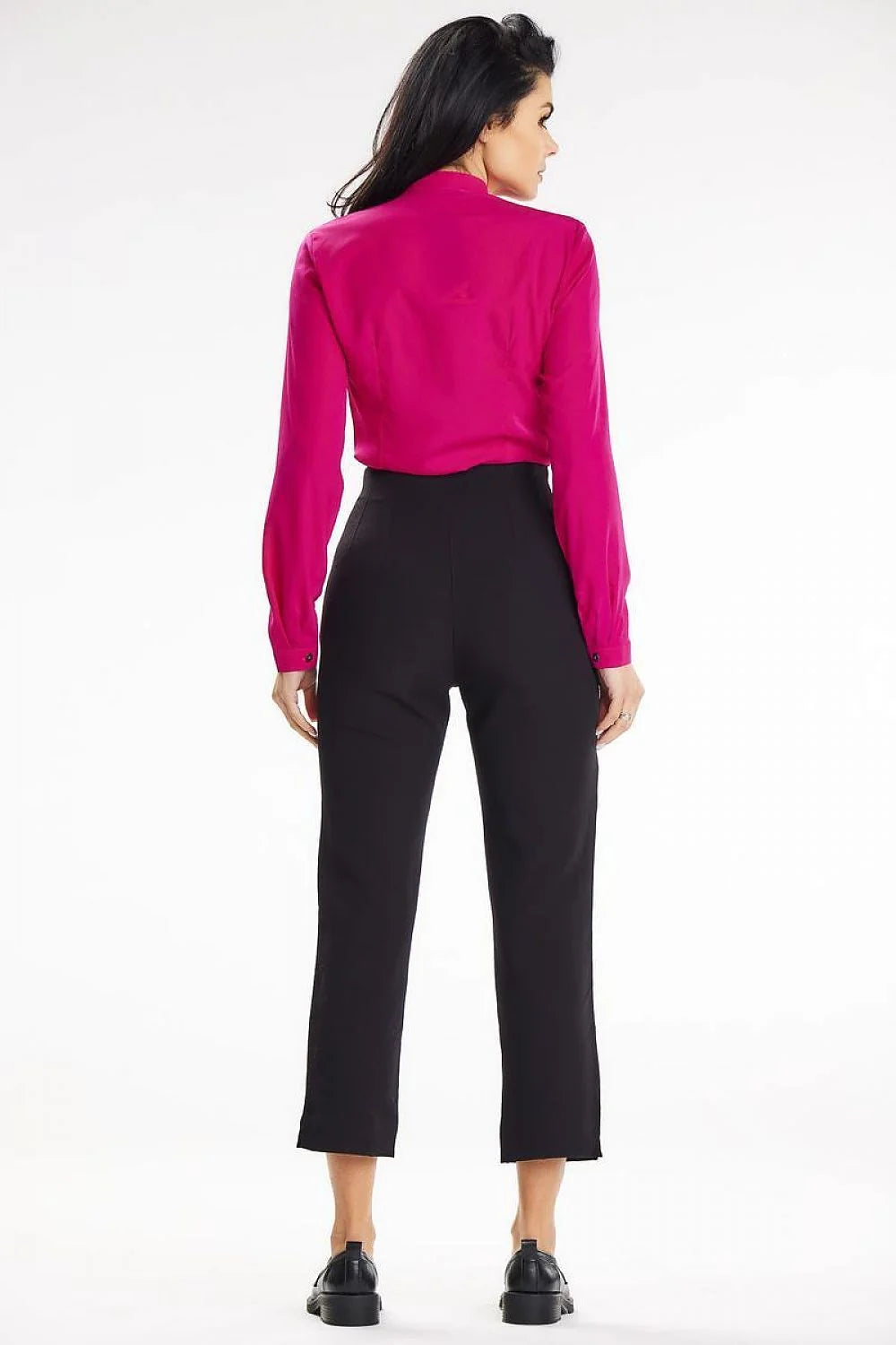 Chemisier féminin élégant en fuchsia col Mao manches longues boutons intégrés polyester elasthanne ajusté polyvalent femme