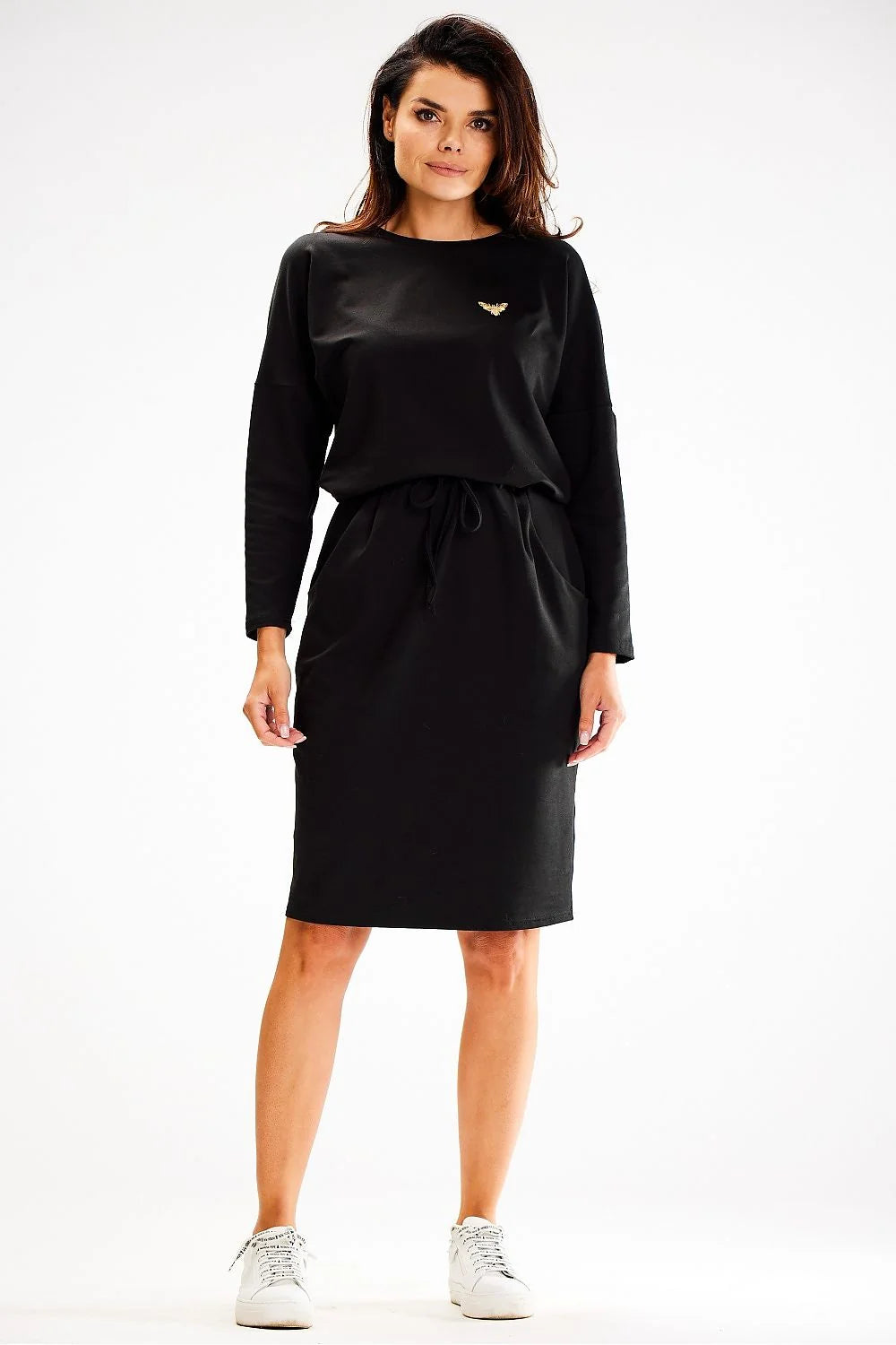 Robe de jour élégante pour femme en coton noir manches longues ceinture intégrée poches applique décorative