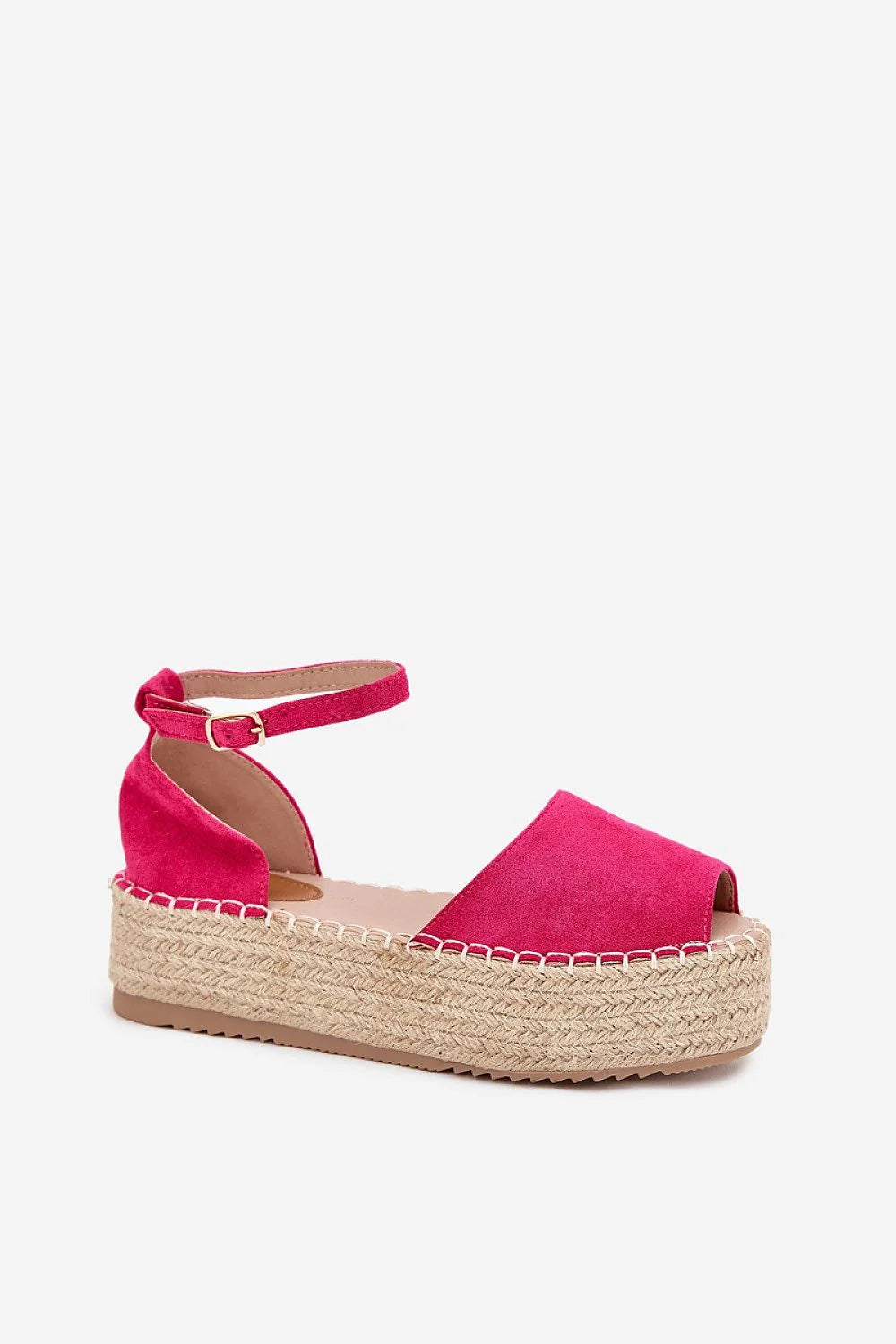 sandales espadrilles compensées femme fuchsia suédine peeptoe bout ouvert talon fermé plateforme jute tressé bride cheville réglable boucle dorée bohème