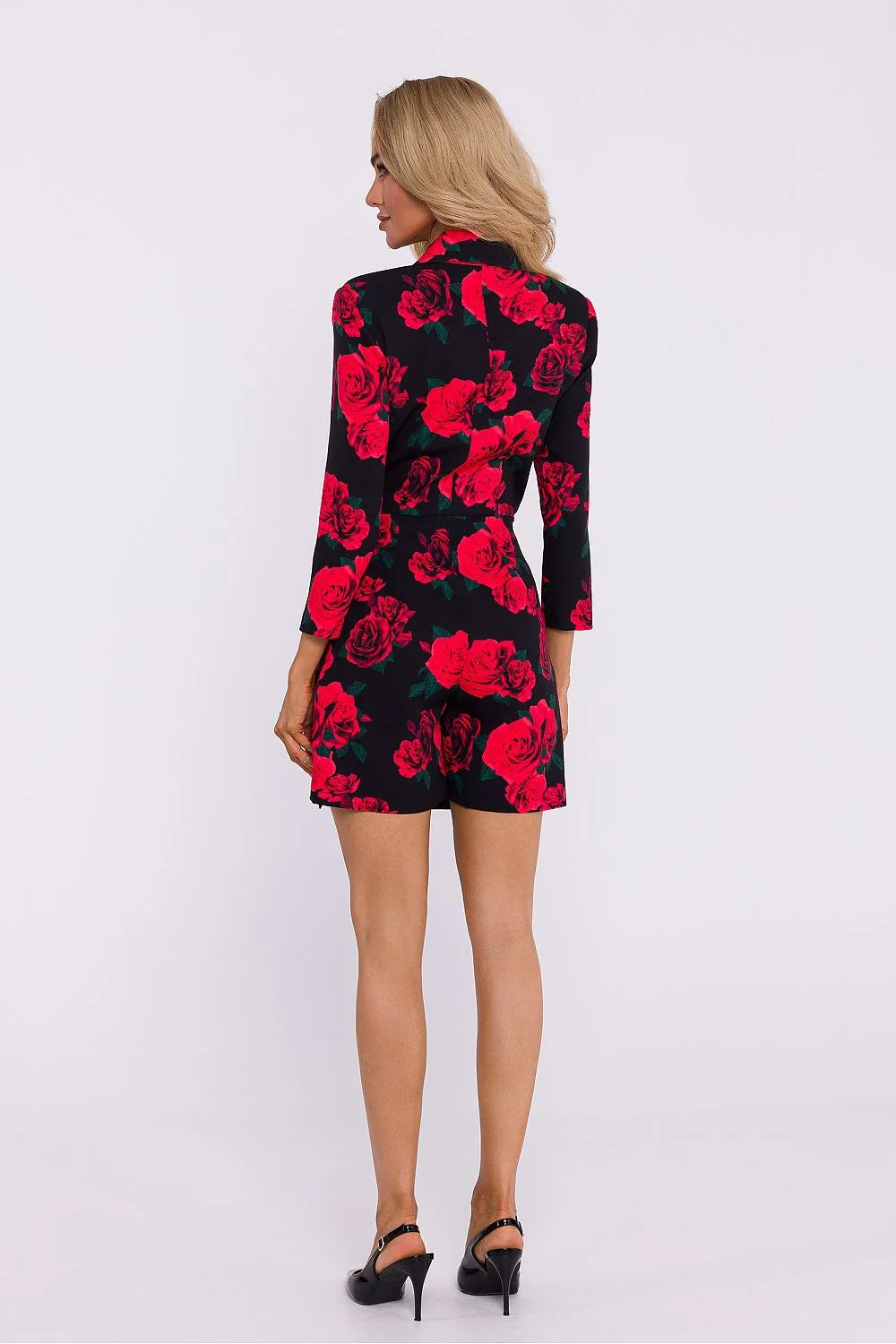 Robe blazer femme style élégant floral rose rouge vert noir mini taille ajustée manches 3/4 col à revers cranté