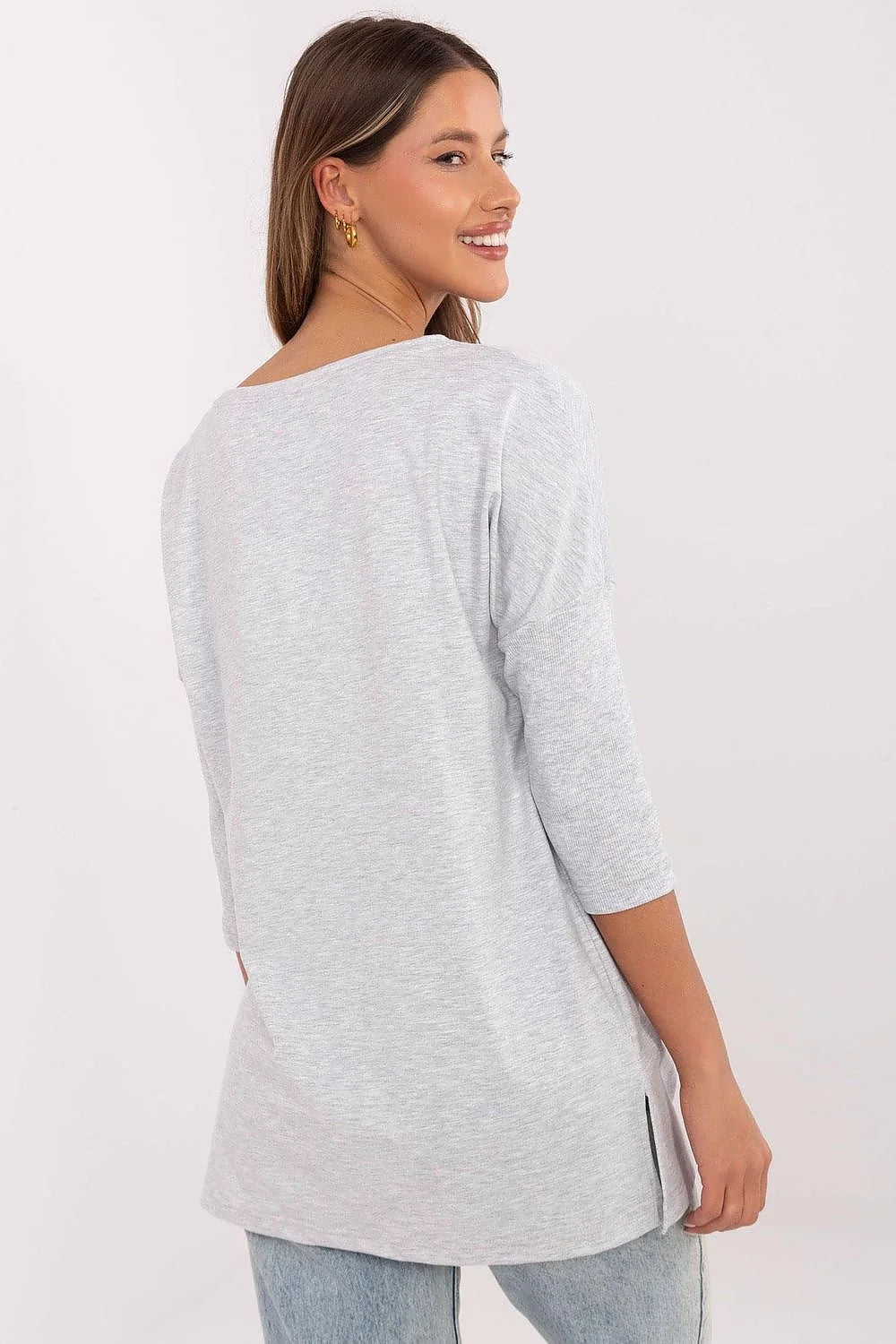 Chemisier femme mode casual élégant coton élasthanne col rond manches 3/4 imprimé géométrique abstract light gray pastel blue beige crème