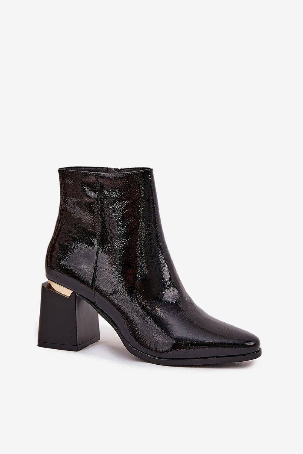 bottines cheville femme cuir verni noir bout pointu brillante talon bloc géométrique insert doré zippée semelle