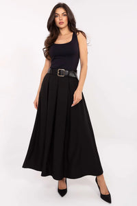 jupe longue maxi évasée femme taille haute viscose polyester léger contreplis devant ceinture simili cuir boucle dorée poches latérales