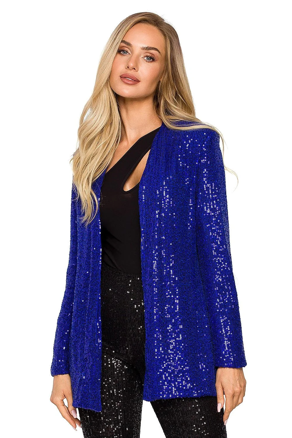 Veste de fête scintillante argentée longue élégante pour femme, style moderne chic coupe droite sequins brillants polyester 100 %