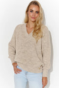 Pull-over Makadamia pour femme col en V côtelé coupe ample manches longues beige matelassé élégance et confort polyvalent occasions multiples mode urbaine style intemporel