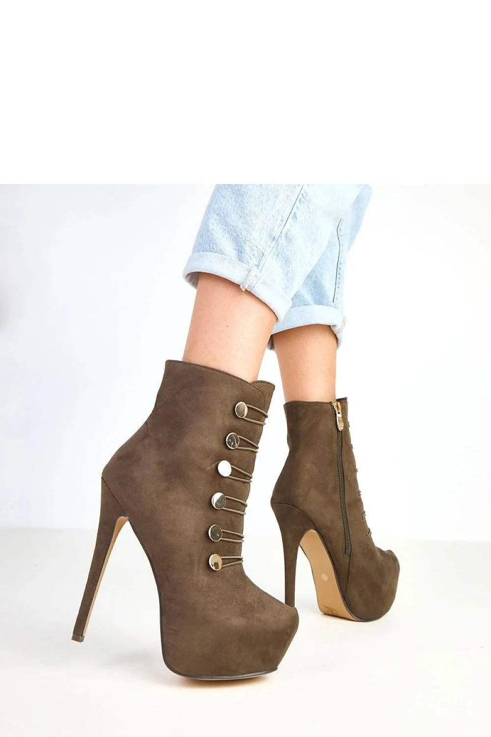 bottines femme cuir suédé écologique chocolat talon aiguille haut plateforme compensée 4cm bout pointu élancé tige 13cm boutons dorés