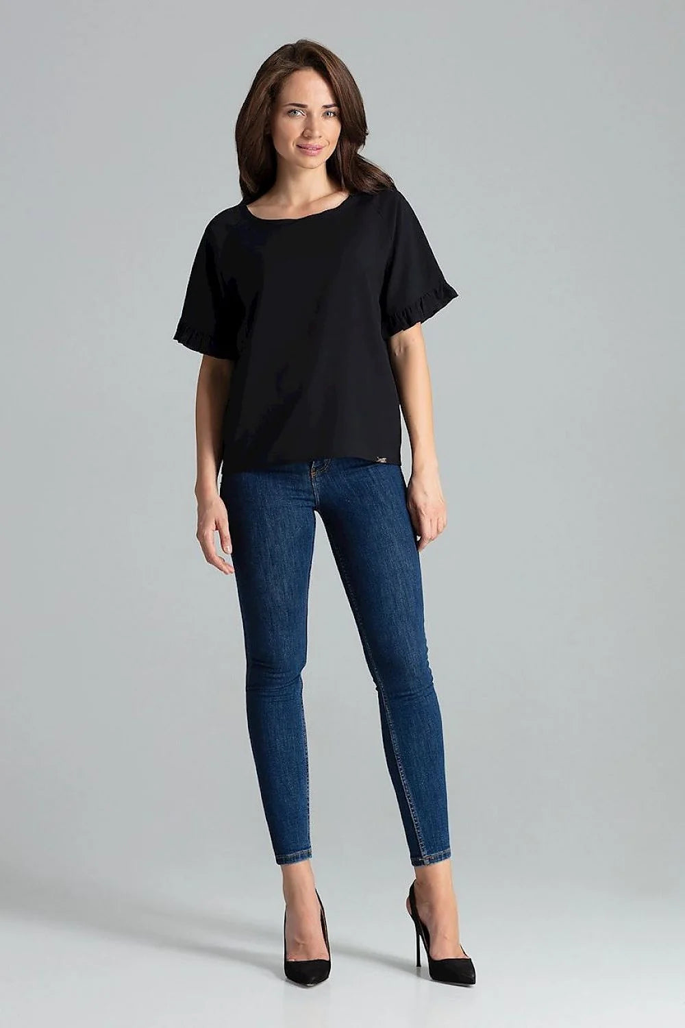 chemisier fluide bleu roi manches volants encolure ronde coupe droite longueur hanches féminin élégant léger soyeux