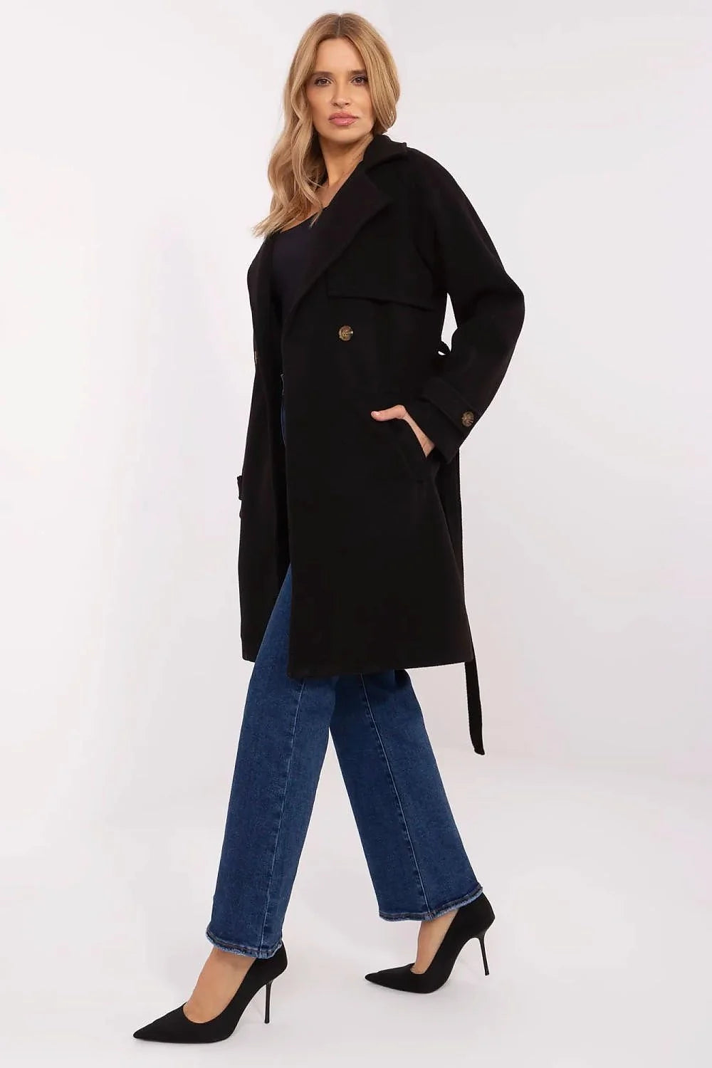 Manteau pour femme long modern élégant noir uni tissu laine style contemporain double boutonnage large col ceinture ajustable manches longues