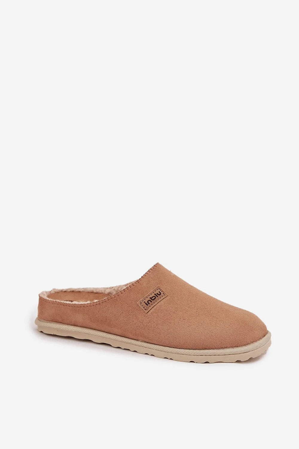 Inblu mules chaussons femme beige suédine daim bout arrondi doublure fourrée chaleur semelle cuir naturel crantée antidérapante souple flexible confort