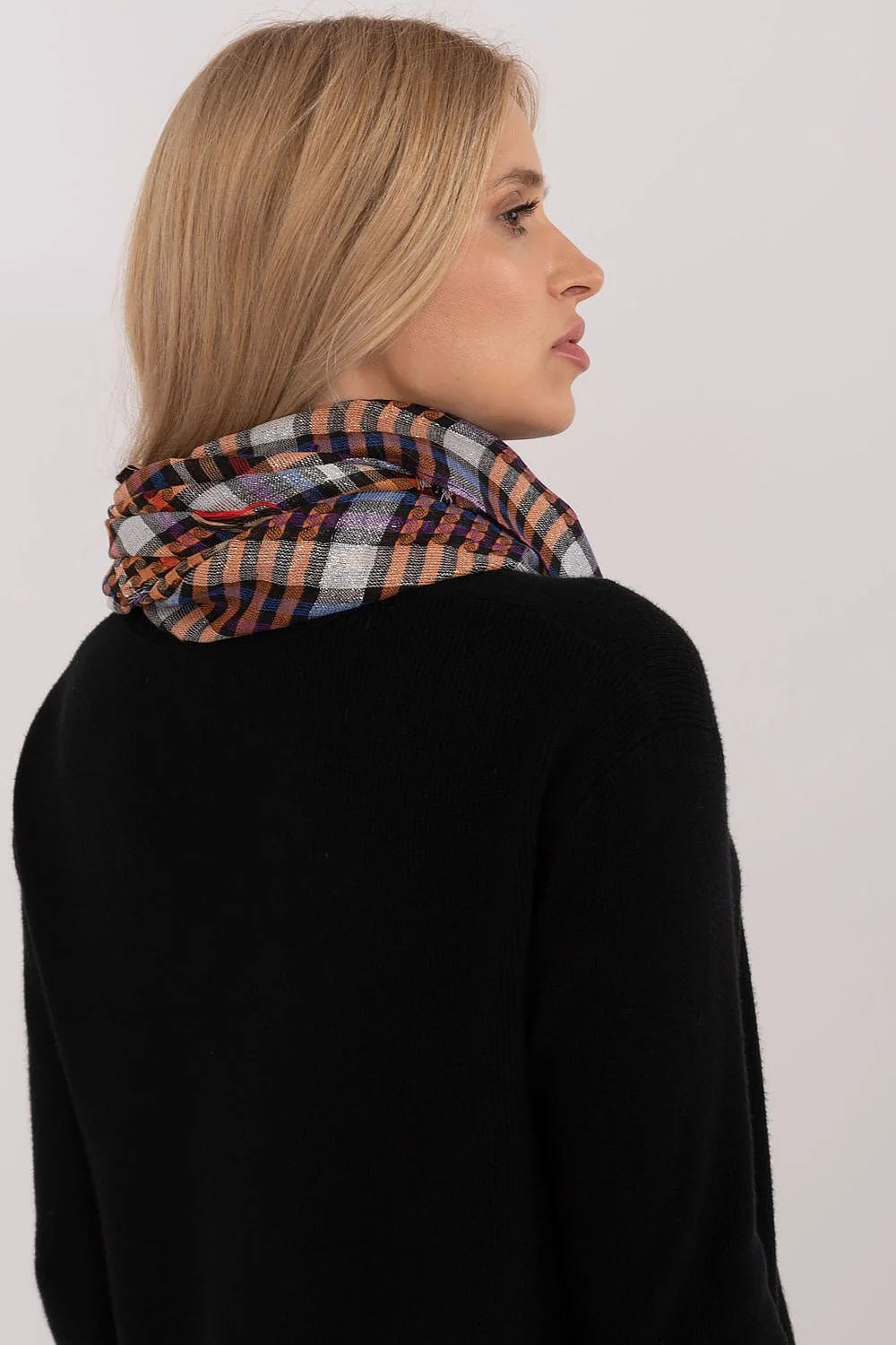 foulard carreaux multicolore tartan tissé doux léger coton triangulaire bandana franges effilochées fils argentés polyvalent femme chic automne hiver