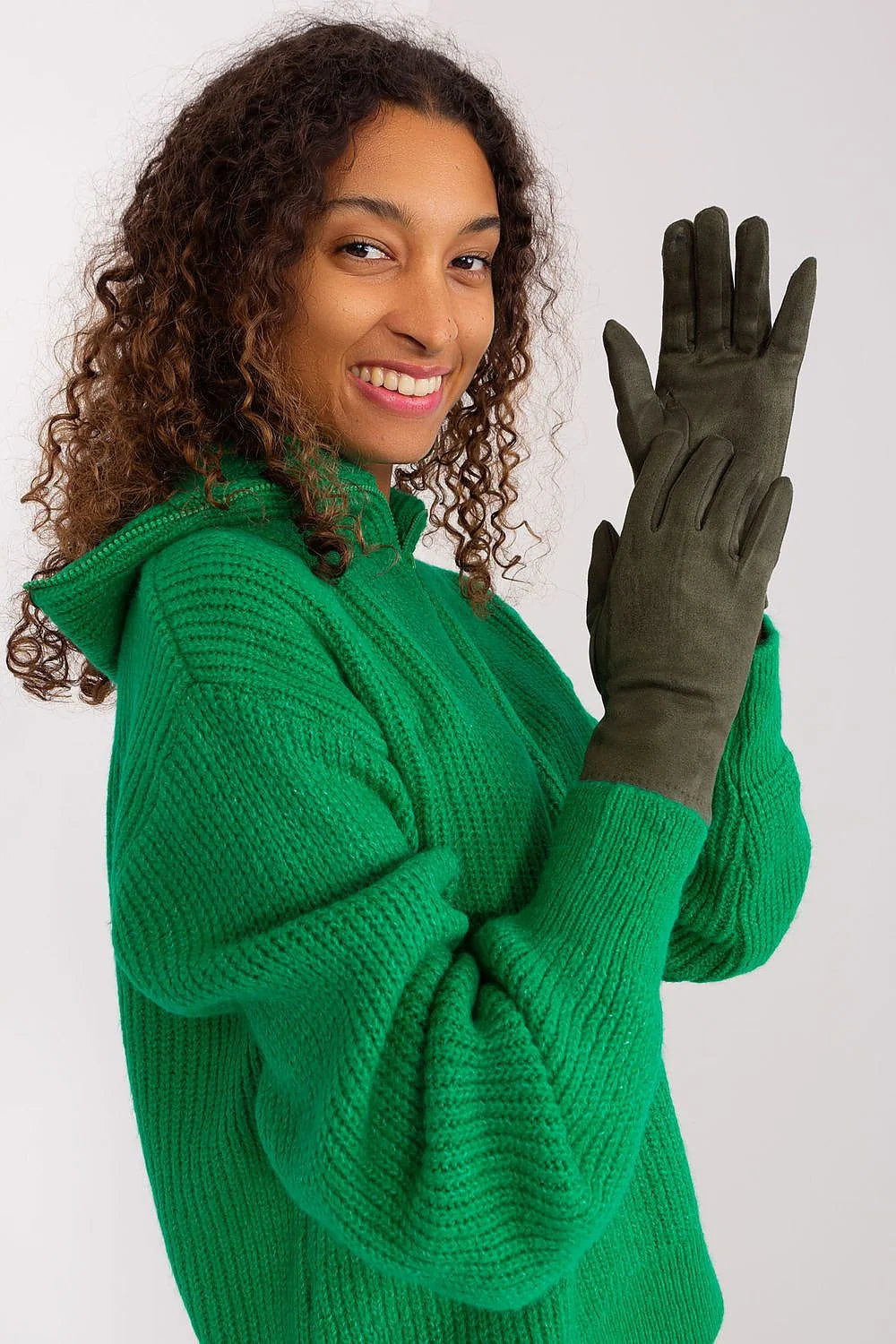 Gants élégants pour femmes en tissu isolant fleur brodée couleur kaki manches longues pull assorti automne hiver