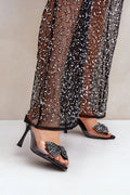 sandales talons transparentes glamour soirée robe cocktail nœud brillant cuir artificiel PVC perles strass aiguilles mule ouvertes noires laquées élégantes