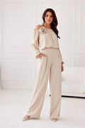 Combi femme élégante beige Bardot longues manches pantalon large taille haute style romantique polyester occasion spéciale
