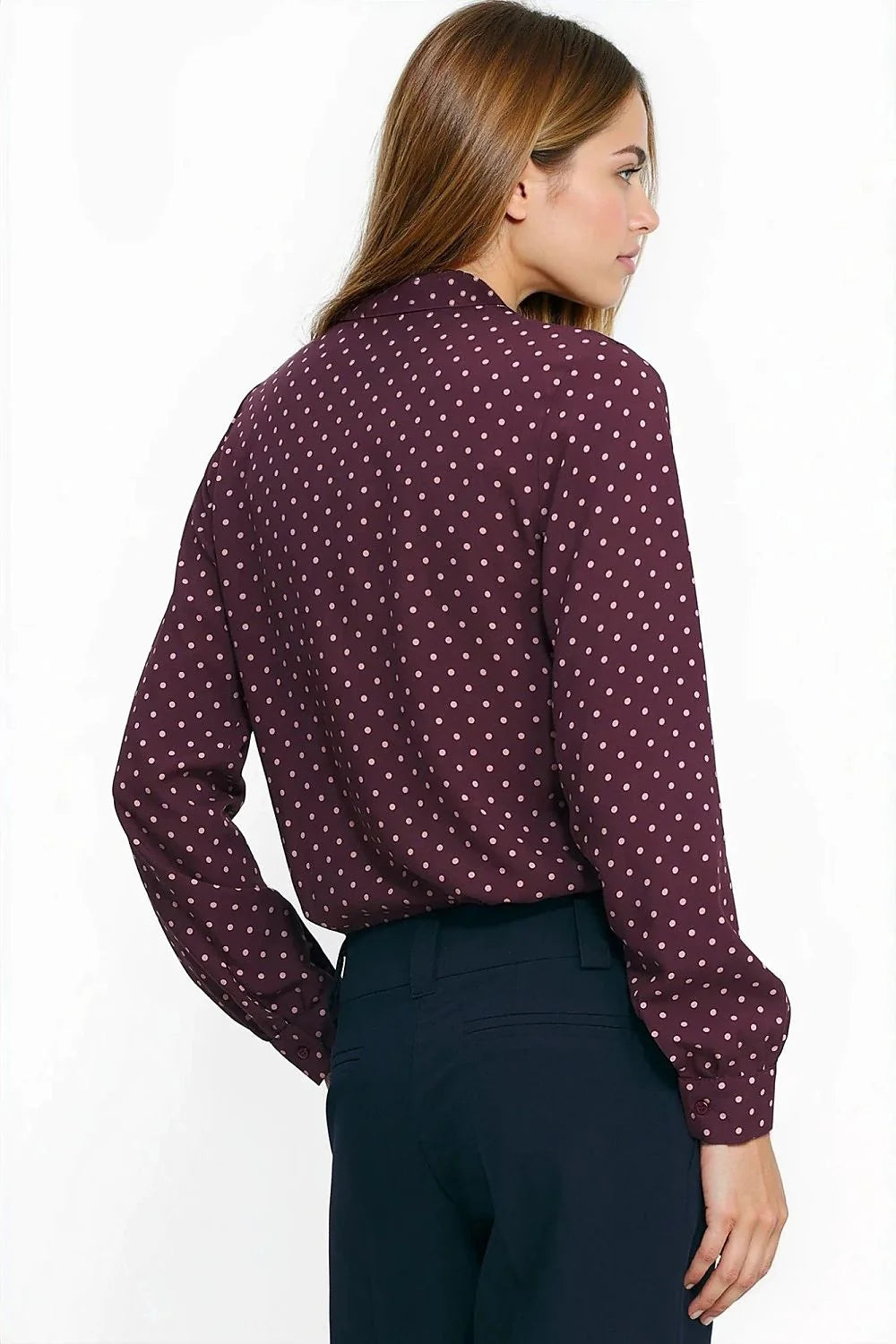 chemise manches longues col mao imprimé pois bordeaux rose pâle viscose légère coupe droite légèrement fluide poignets boutonnés boutons tonalité