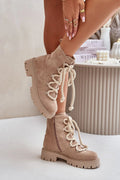 Bottes féminines en suédine beige style combat talon plat fermeture éclair lacets larges semelle épaisse mi-mollet