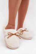 chaussons mules intérieur femme fausse fourrure crème doublure pelucheuse semelle épaisse antidérapante confort thermique noeud similicuir brun moelleux