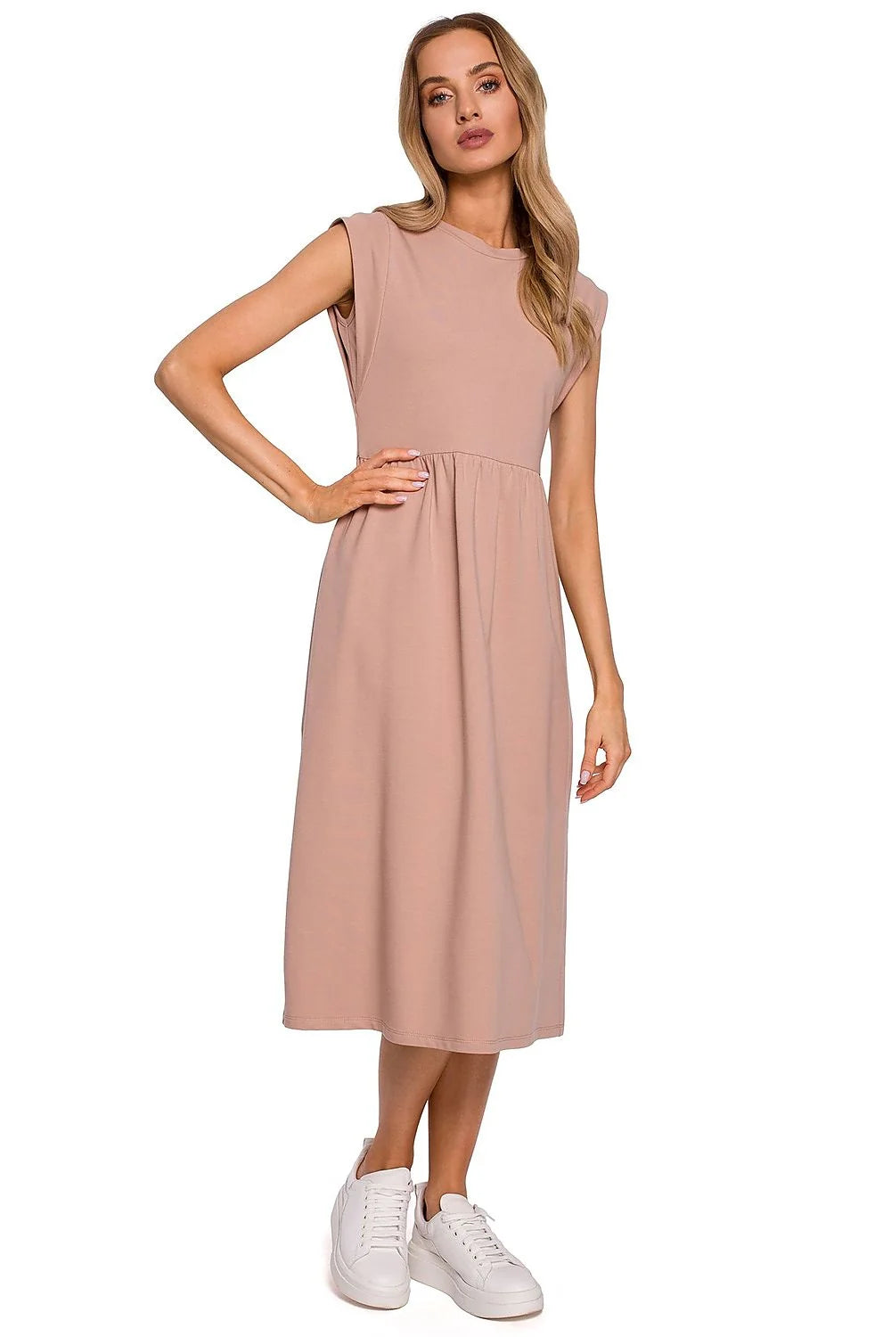 Robe midi en coton rose pâle style décontracté manches courtes pour élégance quotidienne féminine