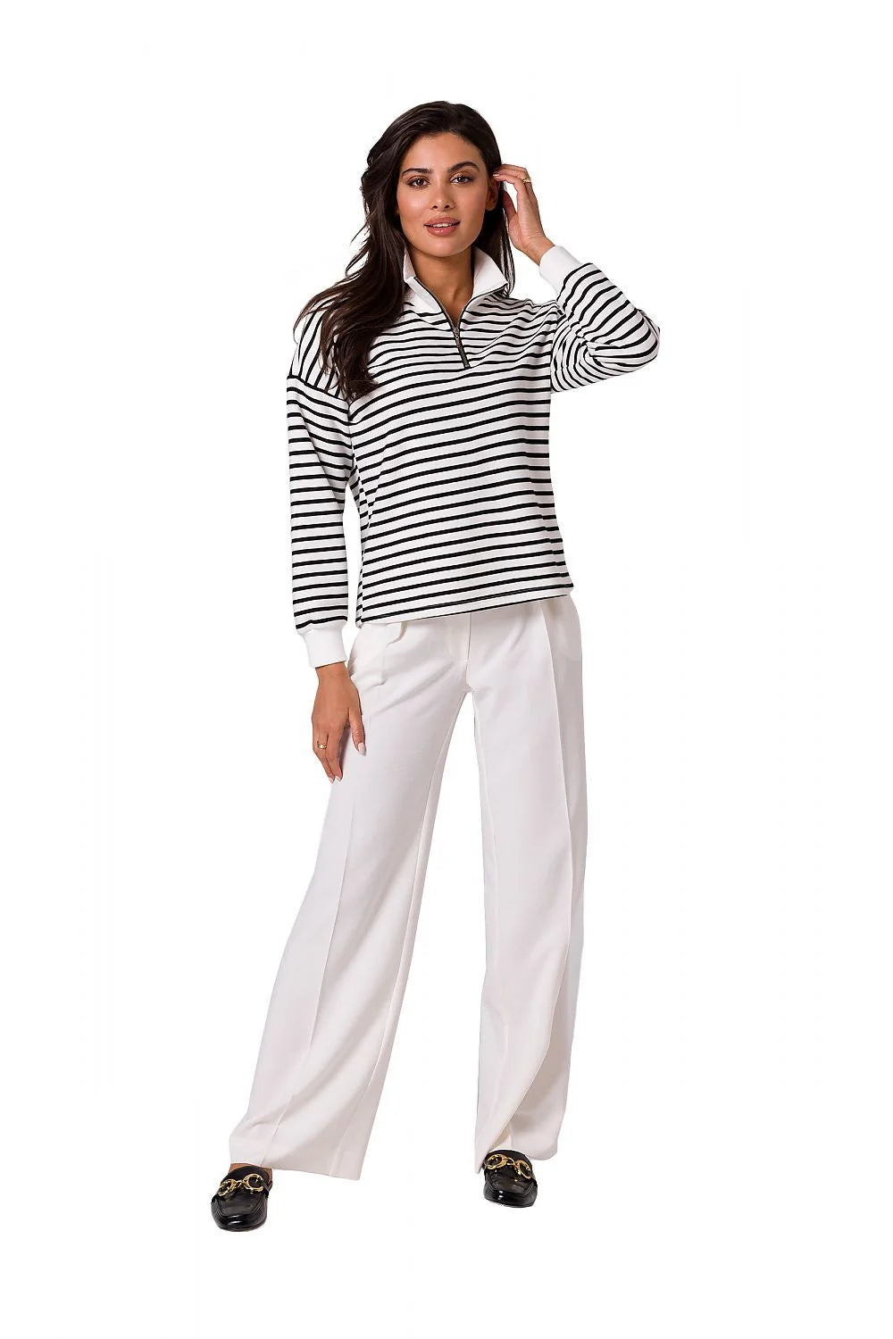 Sweatshirt Be Wear pour femmes, rayures horizontales, col montant, fermeture éclair, coton 90%, polyester 10%, coupe ample, manches longues, style classique, respirant, confortable, polyvalent, mode intemporelle, qualité supérieure