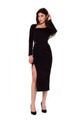 robe soirée Makover noire asymétrique midi manches longues encolure carrée fourreau bodycon fente latérale haute chaîne dorée stretch