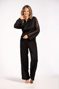 pyjama femme satiné noir élégant sophistiqué manches longues pantalon palazzo ample dentelle transparente fluide soyeux confort luxe détente intemporel raffiné