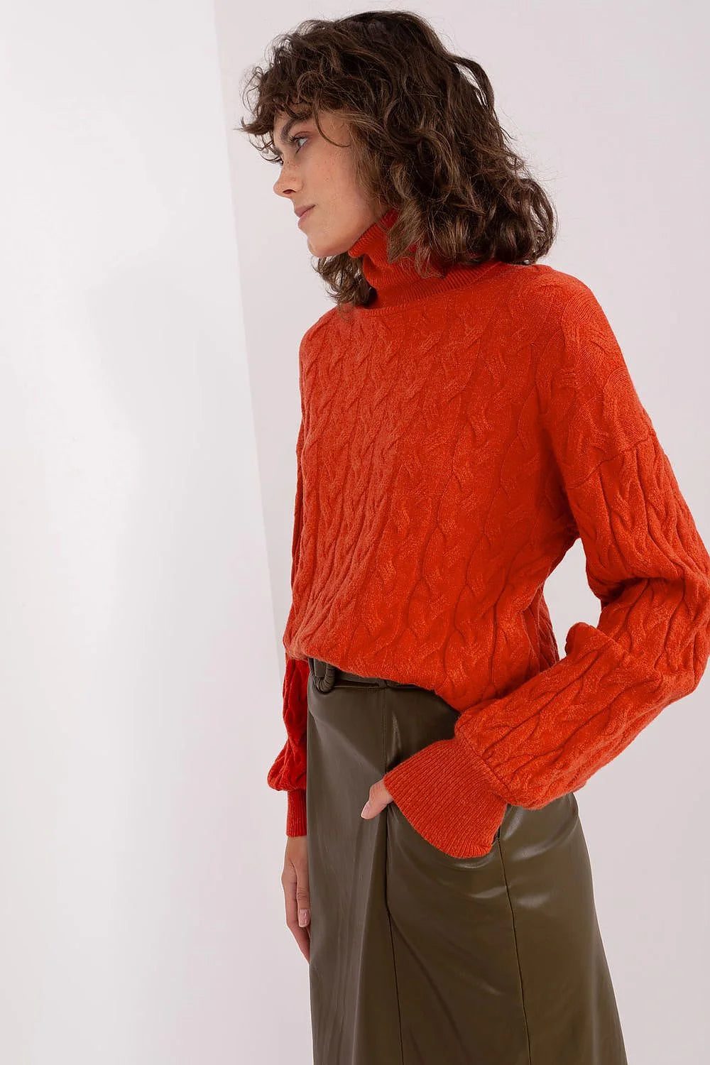 Pull col roulé femme style moderne intemporel texture torsadée couleur vive manches longues ourlet côtelé